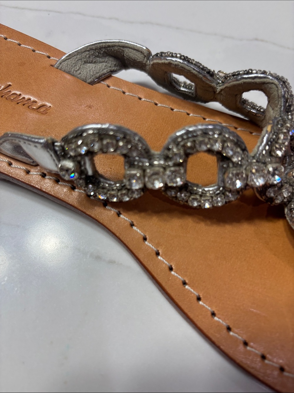 Tommy Bahama Silver Beaded T-Strap Sandals with Brown Footbed - Picture 5 of 12